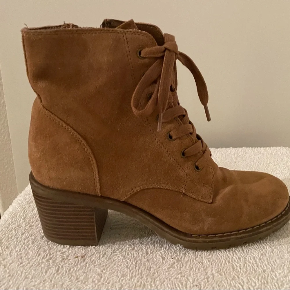Genuine Suede Leather Ankle Boots Booties Lace/Zip Up Rubber Sole Camel/Tan